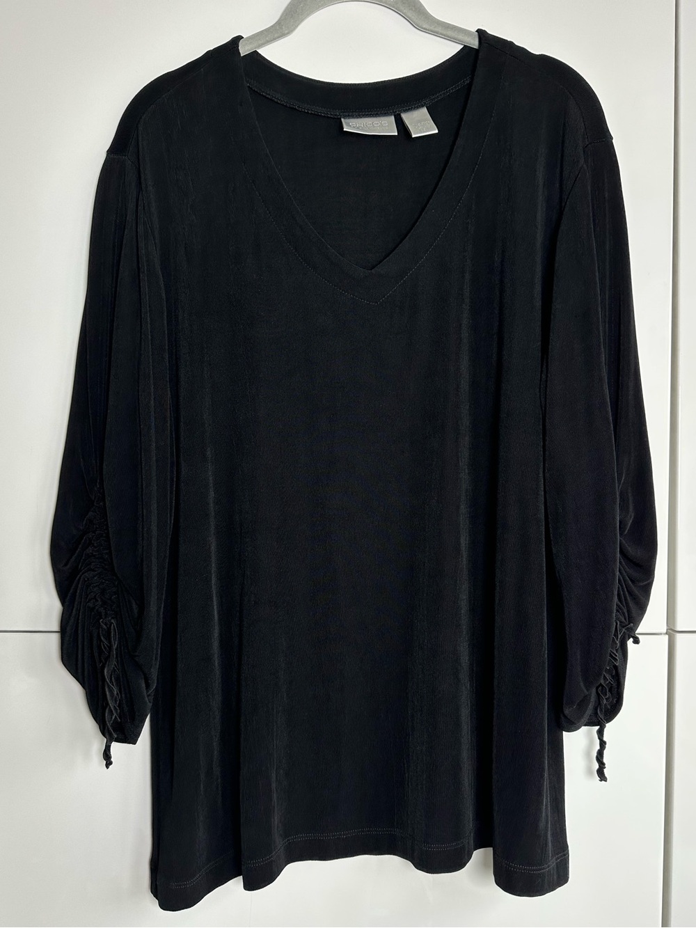 Chicos Travelers Pullover Blouse 3/4 Scrunch Sleeves Black Size 3 (XL) Easy Care